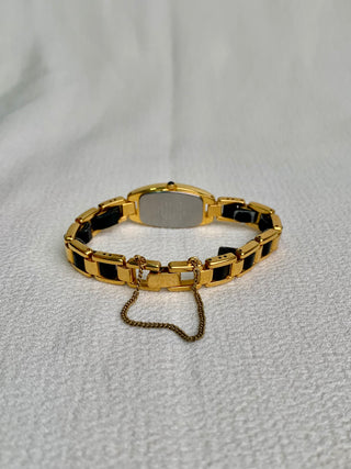 Alba Quartz Gold-Tone Tonneau Black Leather Link Bracelet Watch