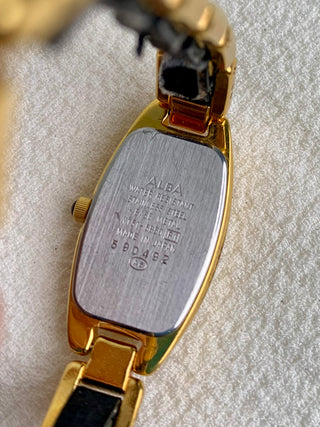 Alba Quartz Gold-Tone Tonneau Black Leather Link Bracelet Watch