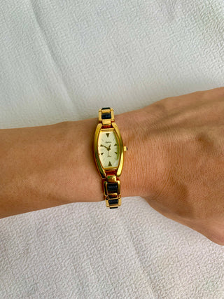 Alba Quartz Gold-Tone Tonneau Black Leather Link Bracelet Watch