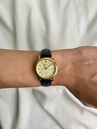 Seiko Spirit Quartz Gold-tone Round Black Leather Strap Watch