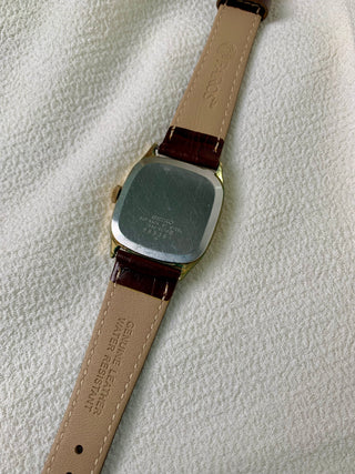 Vintage Seiko Quartz Gold-tone Rectangular Brown Leather Watch