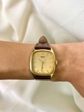 Vintage Seiko Quartz Gold-tone Rectangular Brown Leather Watch