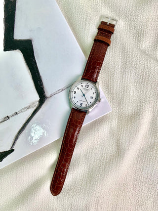 Casio Quartz Silver-tone Round Brown Leather Strap Watch