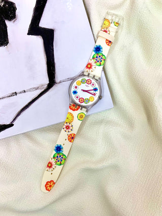 Swatch Quartz Floral Round Multi-colour Rubber Strap Watch