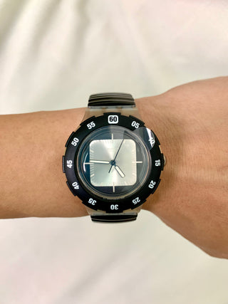 Swatch Quartz Round Black & Silver Metal Bracelet Watch