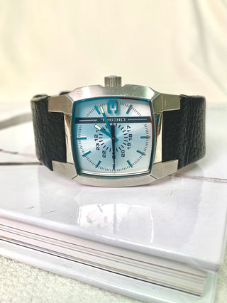 Diesel Quartz Silver Square Black Leather Strap Watch