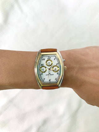 Anne Klein Quartz Two-Tone Tonneau Brown Leather Strap Watch