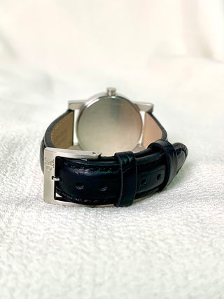 Calvin Klein Quartz Silver Round Black Leather Strap Watch