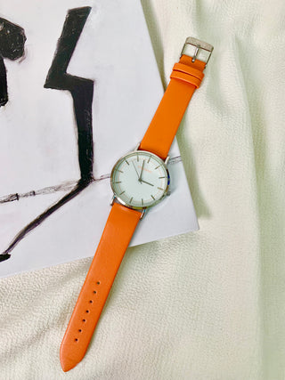 Posanno Quartz Silver Round Orange Leather Strap Watch