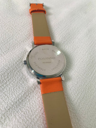 Posanno Quartz Silver Round Orange Leather Strap Watch