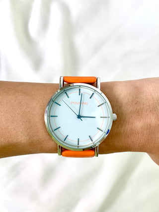 Posanno Quartz Silver Round Orange Leather Strap Watch