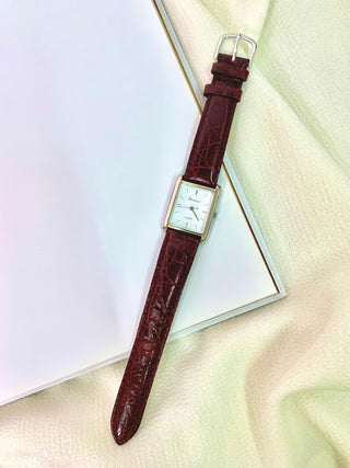 Diamond Quartz Silver Rectangular Maroon Leather Strap Watch
