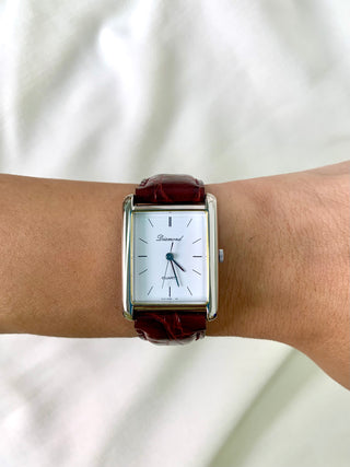 Diamond Quartz Silver Rectangular Maroon Leather Strap Watch