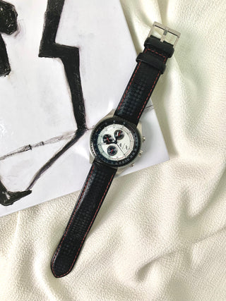 Armani Exchange Quartz Chronograph Silver Round Black Leather Strap Watch