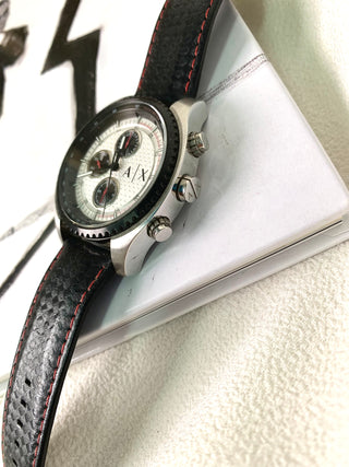 Armani Exchange Quartz Chronograph Silver Round Black Leather Strap Watch