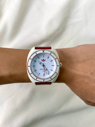 Adidas Quartz White Round Two-Tone Leather-Rubber Strap Watch