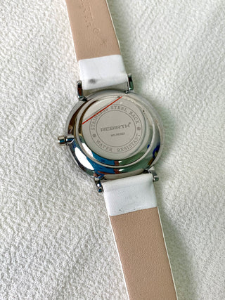 Rebirth Quartz Silver Round White Leather Strap Watch