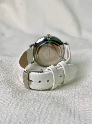 Rebirth Quartz Silver Round White Leather Strap Watch