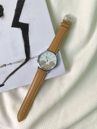Daiso x Disney Quartz Silver Round Camel Faux Leather Strap Watch
