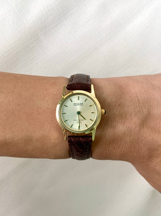 Rogar Quartz Gold-Tone Round Brown Leather Watch