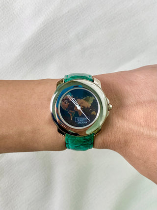 United Colors Of Benetton Quartz Silver-Tone Round Green Leather Watch