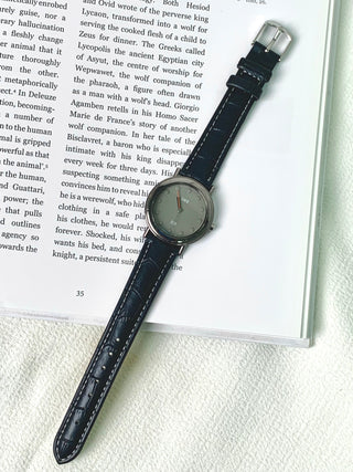 Alba Quartz Silver-Tone Round Black Leather Watch