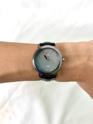 Alba Quartz Silver-Tone Round Black Leather Watch