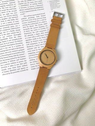 Cucol Quartz Wooden Round Brown Leather Watch