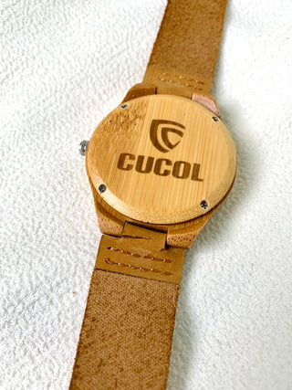 Cucol Quartz Wooden Round Brown Leather Watch
