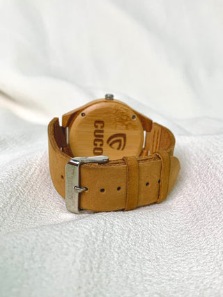 Cucol Quartz Wooden Round Brown Leather Watch