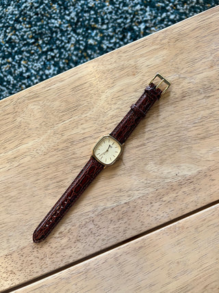 Vintage Seiko Quartz Gold-Tone Rectangular Brown Leather Strap Watch