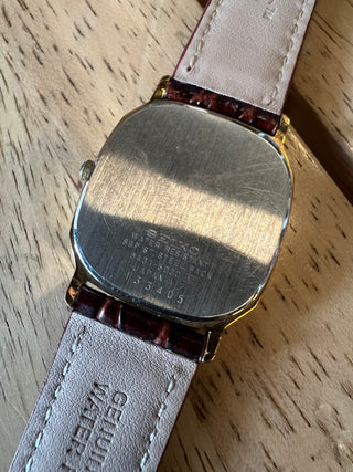 Vintage Seiko Quartz Gold-Tone Rectangular Brown Leather Strap Watch
