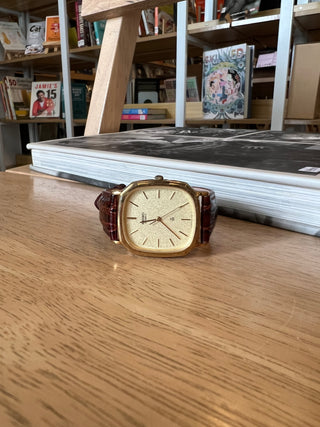 Vintage Seiko Quartz Gold-Tone Rectangular Brown Leather Strap Watch