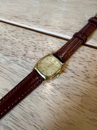 Vintage Tissot Quartz Gold-Tone Rectangular Brown Leather Strap Watch