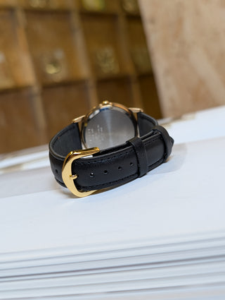 Alba Quartz Gold Round Black Leather Strap Watch