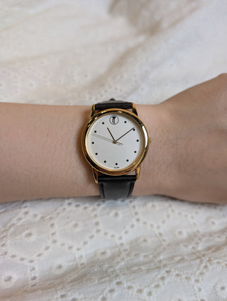 Alba Quartz Gold Round Black Leather Strap Watch