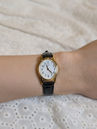 Alba Quartz Gold Oval Black Leather Strap Watch