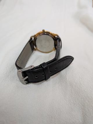 Script Quartz Gold-Silver Round with Black Leather Strap Watch