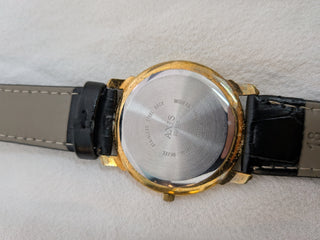 Script Quartz Gold-Silver Round with Black Leather Strap Watch