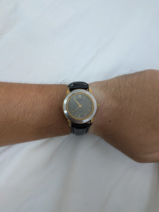 Script Quartz Gold-Silver Round with Black Leather Strap Watch