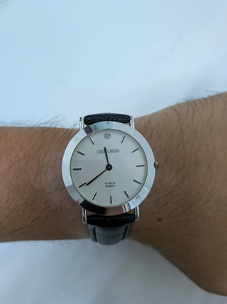 Carlo Cardini Analog Platinum Diamond Silver with Leather Strap Watch