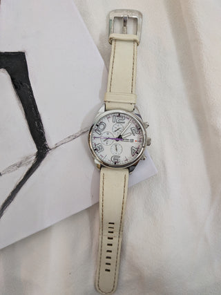 Angel Clover Analog Chronograph Silver Round Stainless Steel with White Leather Strap Watch