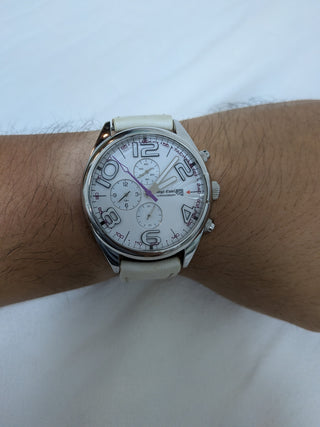 Angel Clover Analog Chronograph Silver Round Stainless Steel with White Leather Strap Watch